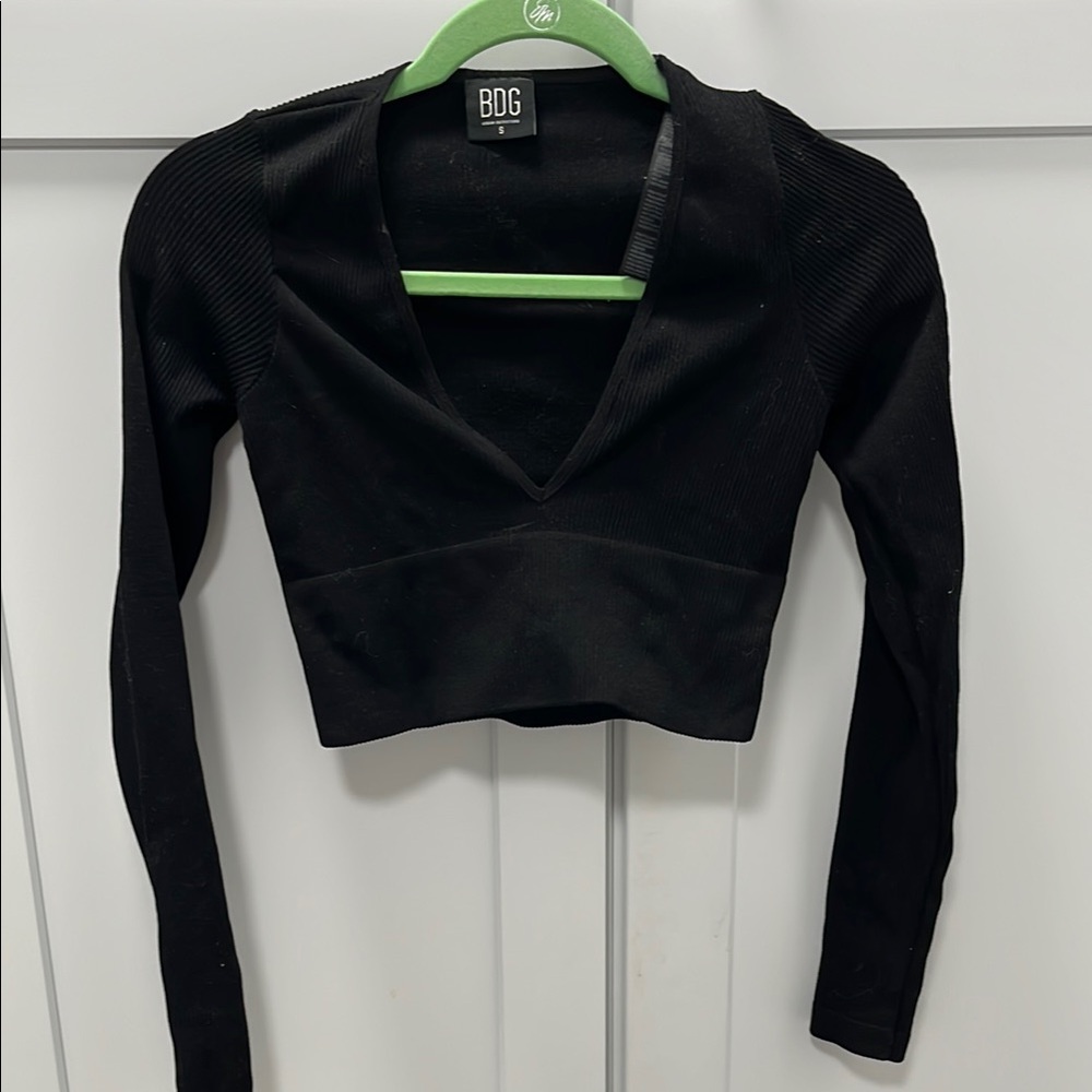 BDG Black Ribbed Long Sleeve Deep Plunge Crop Top